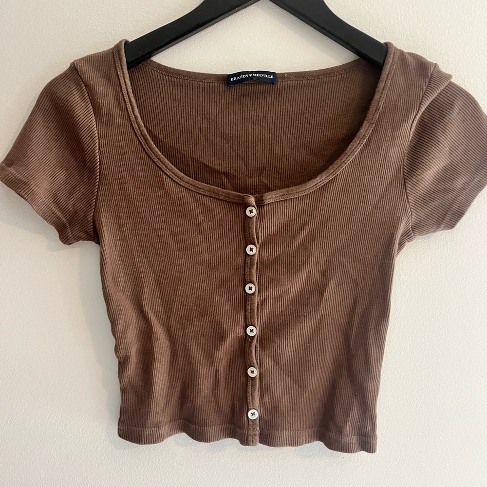 Brandy Melville Brown Ribbed Button-Down Top
